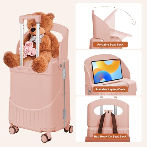 Lavoker 20" Ride-On Luggage with Child Seat, Hardside Carry-On Suitcase with Shockproof 360° Silent Spinner Wheels, TSA Lock, Kids & Adults & Busy Moms