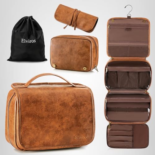 Elviros Hanging Toiletry Bag for Men Travel Essentials 3-in-1 Large Waterproof Dopp Kit PU Leather Shaving Bag with Separate Compartments for Grooming and Toiletries Mens Gift