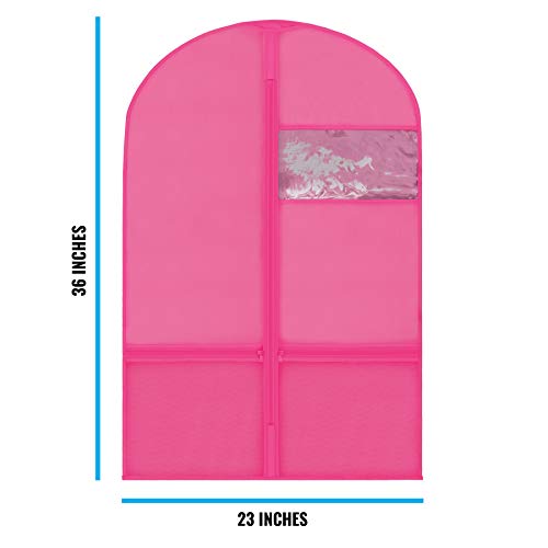 Plixio Garment Bags for Kids Dance Costumes with Transparent Window and Zippered Mesh Pockets for Shoes and Accessory Storage (3 Pack) (Pink: 36" x 23")