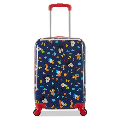 American Tourister Mickey Mouse Carry-On Luggage - Airline Approved, Durable Hardshell with Micky, Donald Duck, Pluto & Goofy - Roll Confidentially with Spinner Wheels & Colorful Adjustable Handle