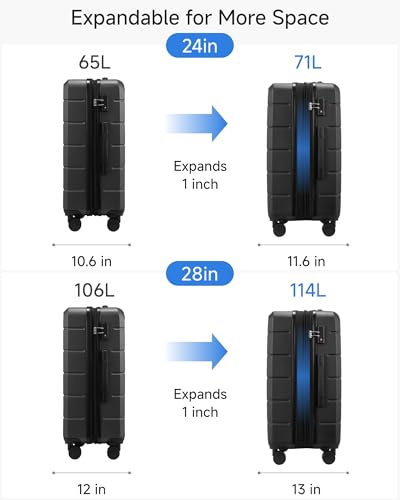 Luggage Sets 5 Piece, H1F Hardside Suitcase With Wheels - Spinner Wheels, TSA Lock, Includes Tote Bag（FX-Lite,Black,5 Piece Sets）