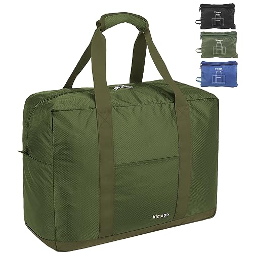 Vimapo Foldable Travel Duffle Bag with Trolley Sleeve 40L Capacity, Lightweight Packable Travel Duffel Bags with the Keyhole Zipper, Weekender Overnight Nylon Carry on Bag for Men & Women, Army Green