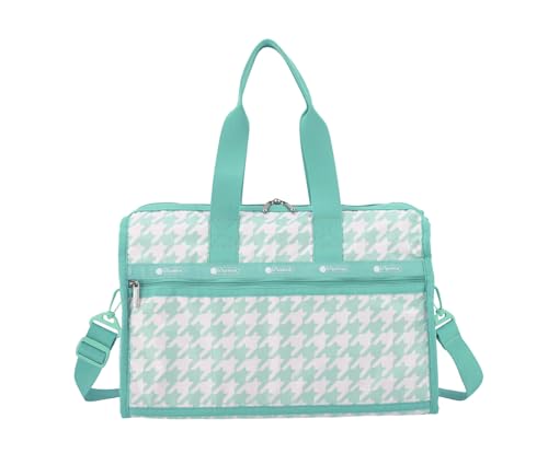 LeSportsac Willow Check Deluxe Medium Weekender Crossbody Bag, Style 4318/Color E880, Delicate Mint Green & Crisp White Interpretive Large Format Houndstooth Check, Light Teal Trim