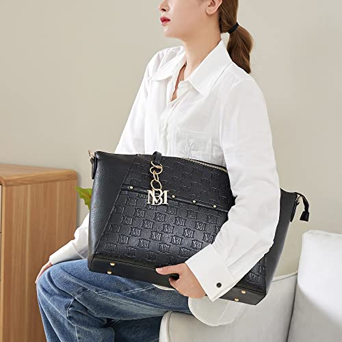 Badgley Mischka Caroline Weekender Travel Bag for Women, Vegan Leather Duffel Tote with Trolley Sleeve, Monogram Design, Carry On Overnight Bag (Black)