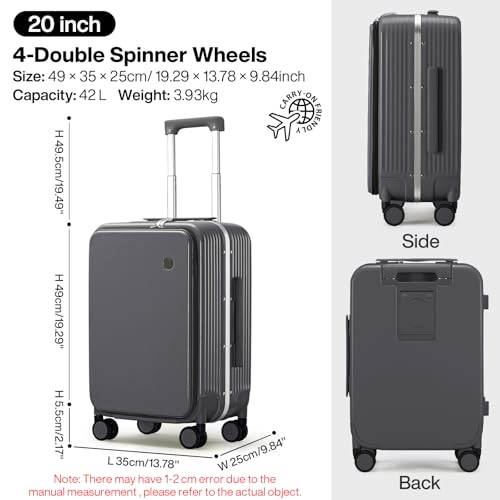 mixi Carry On Luggage with Cup Phone Holder and Charger Hard Shell Suitcases with Spinner Wheels,20 Inch Rock Gray