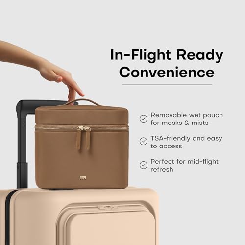 July Vanity Cosmetic Case - Stylish Travel Makeup Bag for Women with Removable Wet Pouch, Upright Bottle Design, Clear Top Pocket, Leather Handle, Travel Essentials, Toiletry Organizer - Light Brown