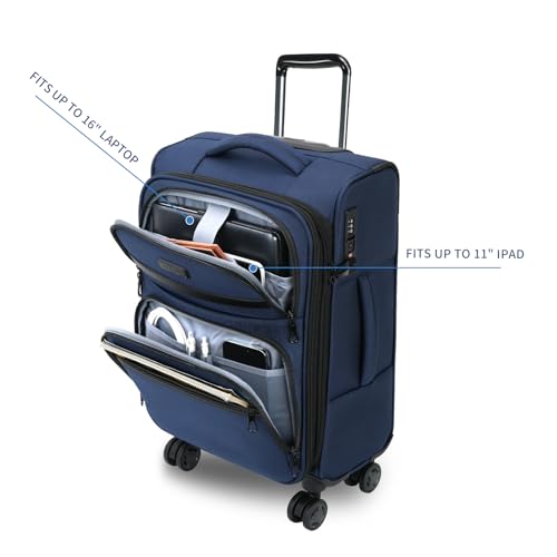 KROSER Softside Expandable Carry On Luggage with Front Business Pockets，20 Inch Suitcases with Spinner Wheels & Built-in TSA Lock, Durable Suitcase Rolling Luggage with USB Port, Navy