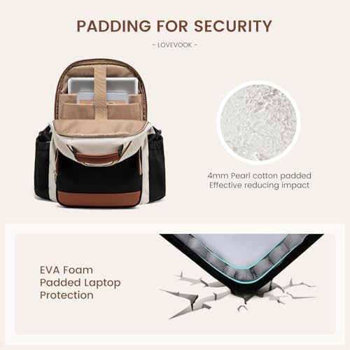 LOVEVOOK Laptop Backpack for Women with Pouch Pocket for Large Capacity Cup,15.6 Inch Laptop Computer Bag Travel Backpack Purse,Waterproof Work Business Backpack College Teacher Bags,Beige-Black-Brown