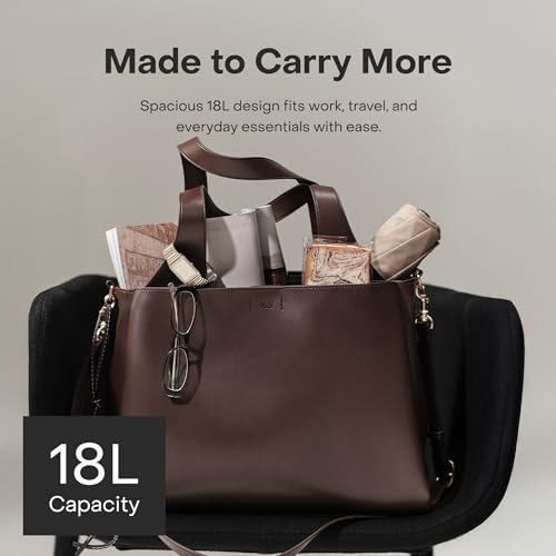 July Juliette Soft Work Tote - Tote Bag for Women with Laptop Sleeve, Detachable Crossbody Strap, Pass-Through Band, Drink Bottle Holder, Modern Tote Bag for Work & Travel, 18L - Chocolate Brown