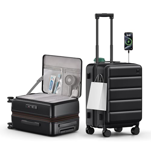 ISLAND ELEPHANT Expandable 20Inch Carry On Luggage Airline Approved - Top Opening Hardside Travel Suitcase Unbreakable -with Cup Holder,USB Charge,Side Pothook, 360°Spinner Wheels, TSA Lock-Black