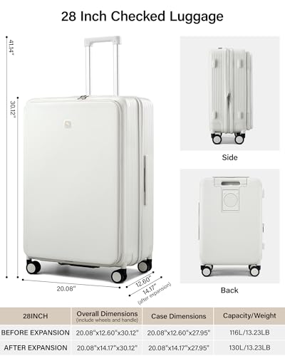 Hanke Large Expandable 28 Inch Luggage with Spinner Wheels Top Opening Travel Luggage Hard Shell Rolling Suitcases Lightweight Checked Luggage with Cup Holder(Caribbean Blue)