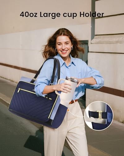 LOVEVOOK Tote Bag for Women, Work Bags Laptop Bag with Large Cup Holder, Quilted Nurse Bag Diaper Tote with Multi-Pockets, Large Computer Handbag Purse for Bussiness Travel, 15.6 Inch