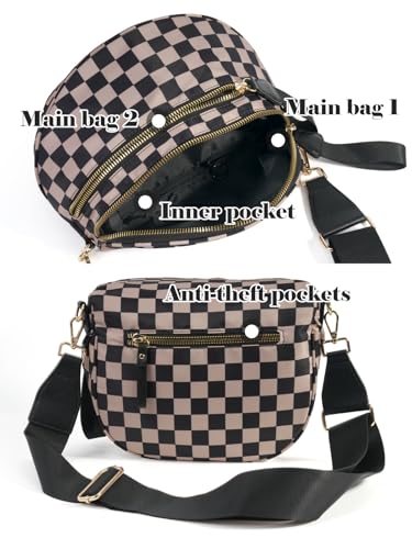 Black and White Checkered Crossbody Bum Bag for Women,Spacious Checkered Purse Fanny Packs Belt Bag Sling Bag with Shoulder Strap (khaki Checkered)