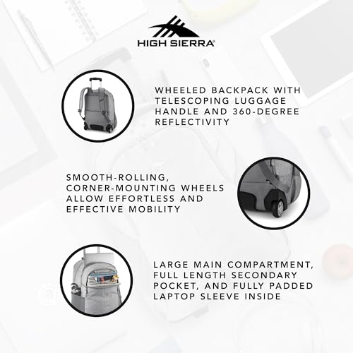 High Sierra Powerglide Pro Wheeled Daypack Backpack with 360 Degree Reflectivity, Telescoping Handle, Dual Side Pockets, and Laptop Sleeve, Fits Most 15.6" Laptops, 40L, Silver Heather
