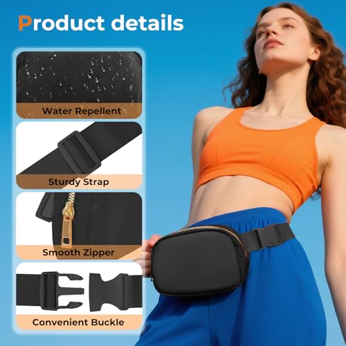 Cwualo Belt Bag Zipper Fanny Pack Crossbody Bags for Women,Fashion Waist Packs, Water Repellent Two Way wear with Adjustable Strap Gifts for Teenage Girls Women Men(Black)