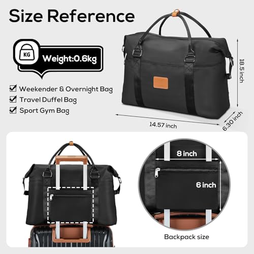 Joyway Travel Duffel Bag, Weekender Overnight Bag for Women, Sports Tote Gym Bag with Wet Pocket, Foldable Personal Item Travel Duffle Bag with Trolley Sleeve, Black