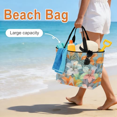 Lily Flower Mesh Beach Bag, White Orange Blooms Floral Watercolor Blue Large Tote Bag for Swim Pool Beach Travel