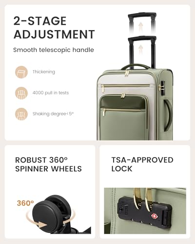 LOVEVOOK Carry on 22x14x9 Airline Approved,20 inch Lightweight Waterproof Suitcases with 360° silent swivel wheels, TSA Lock and Compartment, Large Capacity travel Suitcase Green-white