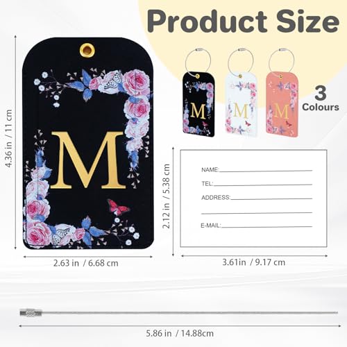 3 Pack Luxury Floral Luggage Tags, Durable PU Leather Suitcase Tags with Stainless Steel Cable Strap, Hidden ID Slot for Privacy Protection, Easy to Identify Waterproof Travel Accessories Gift (M)