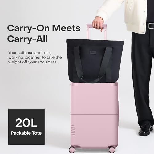 July Carry On Max Expandable - 21.5" Airline Approved Carry On Luggage with Travel Tote, Rolling Suitcase for Men & Women - TSA Lock Spinner Suitcase, Silent Wheels, Expansion Zip - Blush Pink