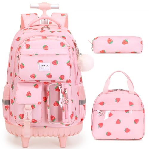 ACESAK Rolling Backpack for Girls, Roller Backpack with Lunch Bag & Pencil Pouch for Teen Girls Kids, Bookbag Backpack with Wheels for Women Elementary Middle High School Travel (Pink Strawberry)