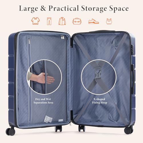 Sweetcrispy 3 Piece Luggage Set, ABS Hard Shell Carry On Suitcase with Smooth Spinner Wheels and TSA Lock, Lightweight Rolling Travel Luggage 20/24/28 Inch for Travel Business Vacation, Navy Blue