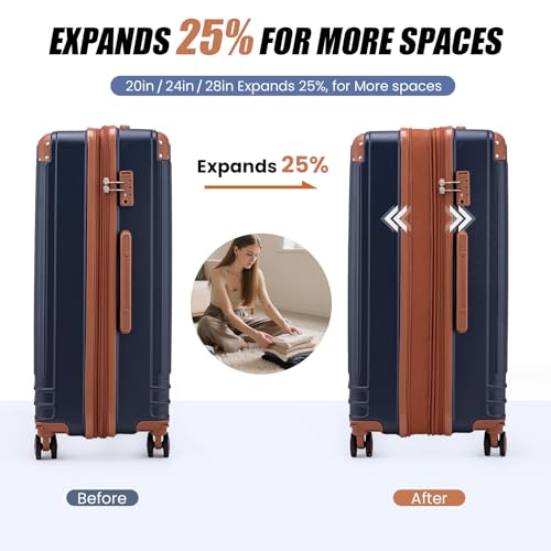 KUNEL Expandable 5 Piece Luggage Sets with Detachable Spinner Wheels and TSA Lock, Unisex Hardside ABS Suitcase Set, Hardshell Lightweight Waterproof Travel Hard Case Suitcases with Wheels, Darkblue
