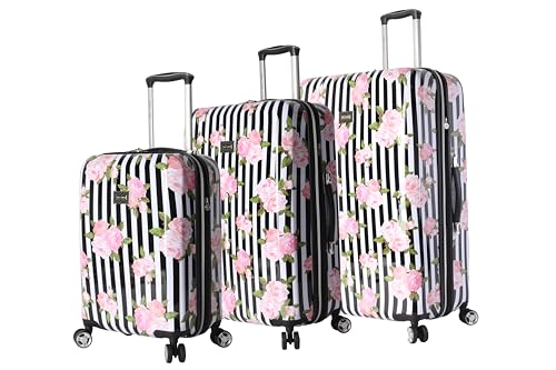 Betsey Johnson Designer Luggage Collection - Expandable 3 Piece Hardside Lightweight Spinner Suitcase Set (Stripe Roses)