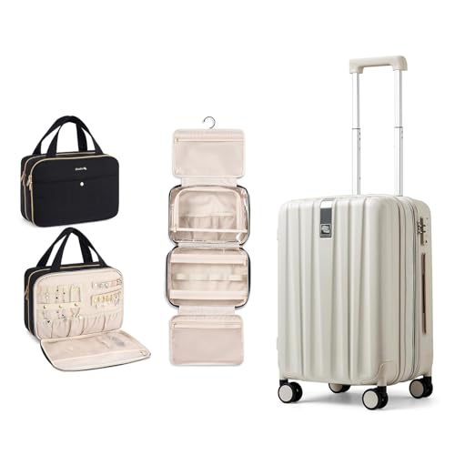 Hanke 20 Inch Expandable Carry on Luggage 22x14x9 Airline Approved Lightweight PC Hard Shell Suitcases and Hanging Travel Toiletry Bag for Women with Jewelry Organizer Compartment, Travel Essentials