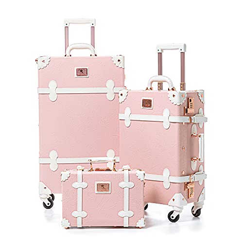 Unitravel Vintage Luggage Set, 3 Piece Retro Spinner Suitcase with Carry On Cosmetic Train Bag for Women (Embossed Pink, 26"+20"+12")