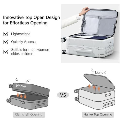 Hanke Top Opening 24 Inch Luggage with Spinner Wheels, Aluminum Frame All-PC Hard Shell Medium Suitcase, Trunk Wide Handle Luggage for Travel, TSA Checked-Medium (Smoke White, 69L)