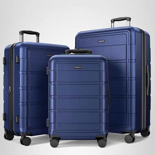 SHOWKOO Luggage Sets 3 Piece Expandable, Upgrade 100% PC Durable Hardshell Suitcase with Wheels TSA Lock Deep Blue
