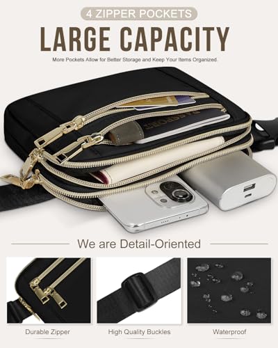Capolo Fanny Packs for Women Fashion Waist Packs Bag with Adjustable Strap and 4 Zipper Pockets Waterproof Everywhere Crossbody Belt Bag for Workout Running Travelling(Black)