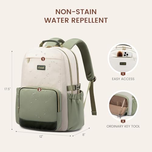 LOVEVOOK Laptop Backpack for Women with Pouch Pocket for Large Capacity Cup,15.6 Inch Laptop Computer Bag Travel Backpack Purse,Waterproof Work College Teacher Bags,White-Bean Green-Dark Olive Green