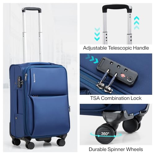 Hanke Softside Expandable 20 Inch Carry On Luggage with Wheels Airline Approved, TSA Luggage Lightweight Rolling Suitcases for Travel Carry On Bag(Blue)