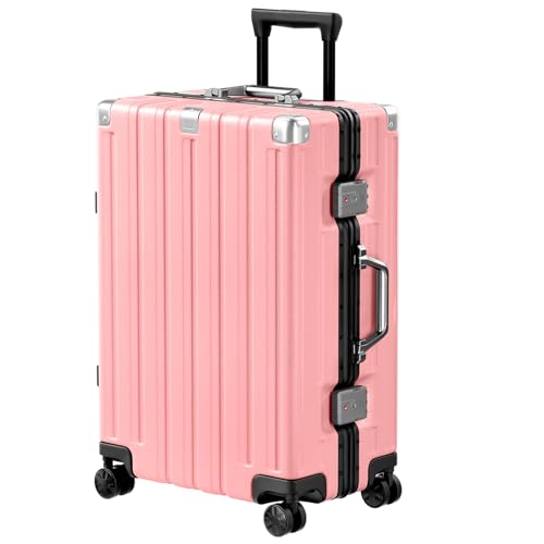 Krute Zipperless Luggage 24 Inch Aluminum Frame Suitcase with Spinner Wheels PC+ABS Hardide Checked Luggage TSA Approved No Zipper Travel Suitcase Pink