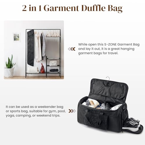 S-ZONE Garment Duffle Bags for Travel Carry on Convertible 2 in 1 Suit Bags Hanging Suitcase with Toiletry Bag 50L