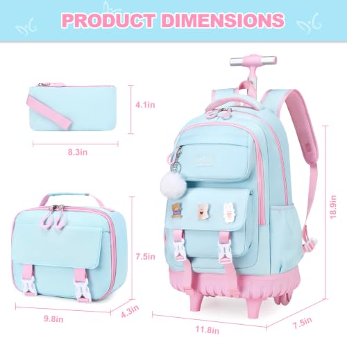 3-IN-1 Rolling Backpack for Girls with Lunch Bag Pencil case, Kawaii Backpack with Wheels for Girls, Roller School Bag with Wheels for Teen Elementary School Bookbags with Cute Pins Aquamarine-Pink