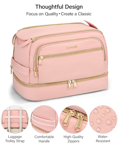 Hanke Travel Toiletry Bag, Lightweight Wide-open Makeup Bag, Dual-Layer Travel Bag for Toiletries Water-Resistant Cosmetic Bags Large Toiletry Bags for Women & Men, Travel Essentials, Pink