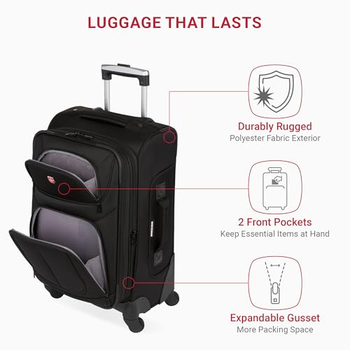 SWISSGEAR Sion Softside Expandable Spinner Luggage Durable Lightweight Travel Suitcase, Black, Carry-On