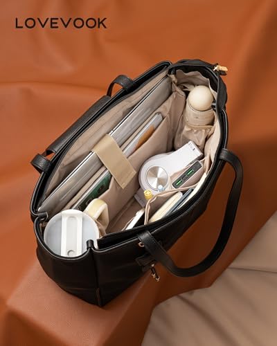 LOVEVOOK Laptop Tote Bag for Women,Nylon Work Totes with 15.6 Inch Laptop Compartments, Lightweight Fashion Purse with Large Cup Holder,Travel Tote with Luggage Straps