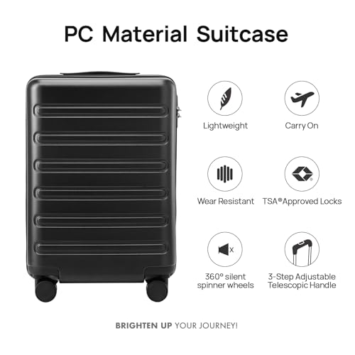 NINETYGO Carry On Luggage 22x14x9 Airline Approved, 20 Inch Luggage with Smooth Double Spinner Wheels, Hard Shell PC+ABS Suitcase Carry-On, Lightweight Travel Luggage, TSA Approved (Black, Andes)