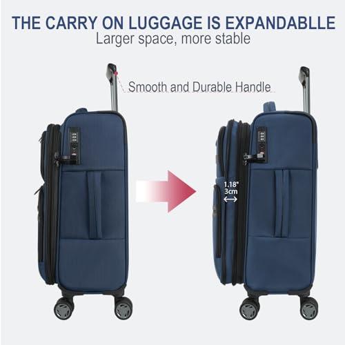 KROSER Softside Expandable Carry On Luggage with Front Business Pockets，20 Inch Suitcases with Spinner Wheels & Built-in TSA Lock, Durable Suitcase Rolling Luggage with USB Port, Navy