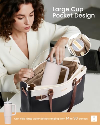 LOVEVOOK Laptop Tote Bag for Women Work, Teacher Tote Bag Nurse Bag with Large Cup Holder, 15.6 Inch Waterproof Leather Computer Bag Professional Business Office Briefcase, Black-beige-brown