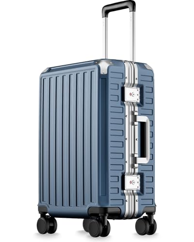 Carry On Luggage with Spinner Wheels, 8010S Aluminum Frame Zipperless Polycarbonate Hard Shell Suitcase (ZX-Core, Blue, 20 Inch)