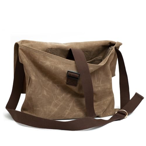 Foraging Bag 16 oz Waxed Canvas Haversack Bushcraft Shoulder Bag Durable Messenger Bag with Pocket for Gardening Camping (Antique Olive Large)