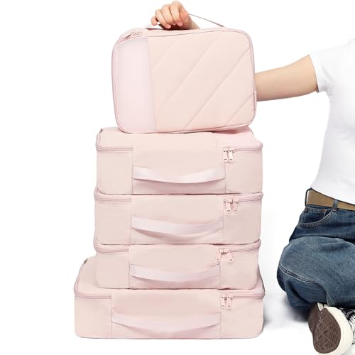 NISHEL 6 Set Packing Cubes for Travel, Luggage Organizer Bags with Shoe Bag, Lightweight, Durable Space Saver Bags Travel Essentials, Pink
