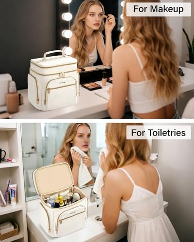 Hanke Large Toiletry Bag for Women Travel, Double Layer Organizer with Wide Opening for Full-Size Cosmetics & Toiletries, 12.2L Water-Resistant Makeup Bag,Off White