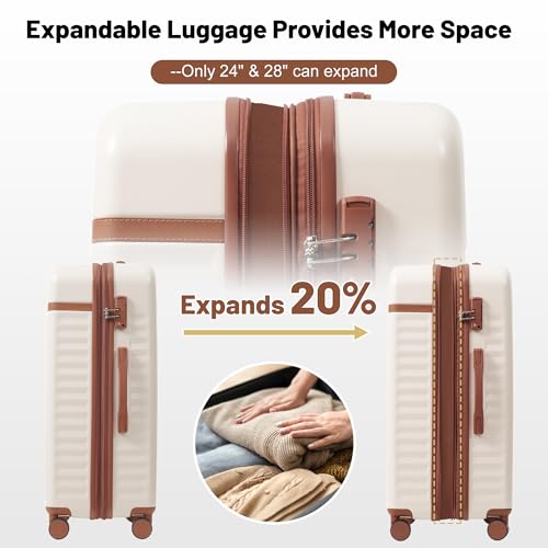 Merax 5 Piece Luggage Set, Hard Shell Expandable Suitcases with Double Spinner Wheels and TSA Lock, 20"+24"+28"(Brown+White)