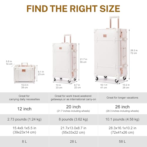 urecity 20" Rose White Vintage Luggage Set 2 Piece, Aluminum Frame Retro Carry On Suitcase with Cosmetic Case, Vegan Leather Spinner Trunk for Women (Clear Cover Included)